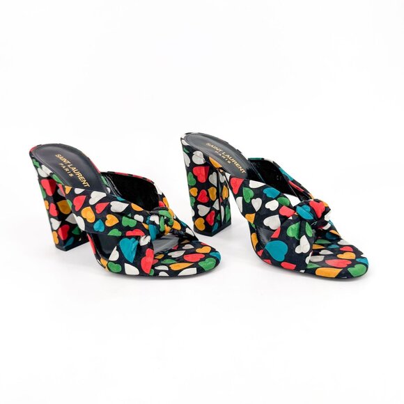 Saint Laurent Bianca Black Heart Knotted Mule Sandals Block Heel 38.5 US 8.5 - Picture 1 of 13